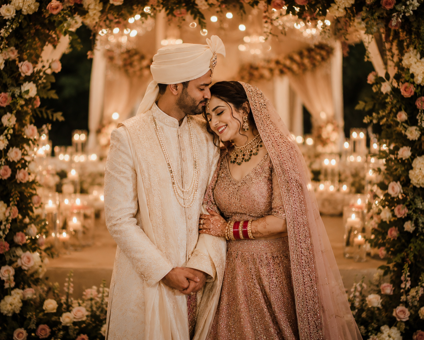 Bride and groom under floral mandap with candles